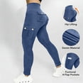 thumbnail image 5 of Women Solid Denim Yoga Pants High Waist Butt Lifting High Stretch Slim Fit Workout Sports Active Pants Blue XXL, 5 of 8