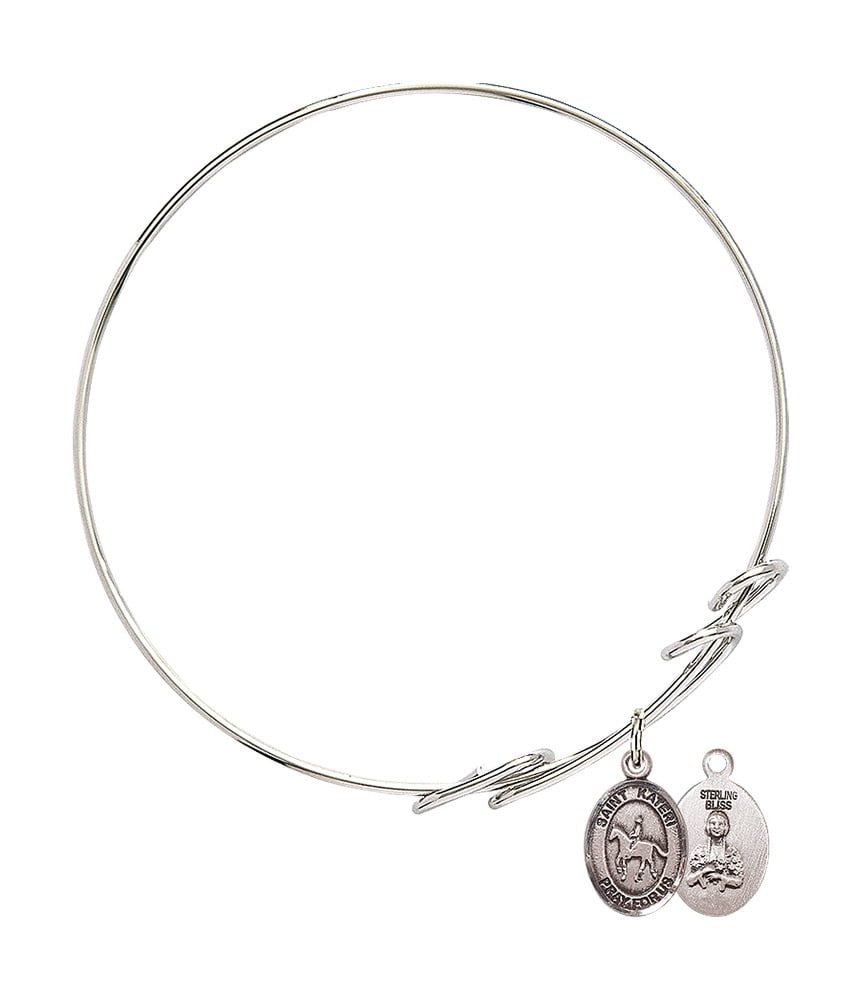 7 1/2 inch Round Double Loop Bangle Bracelet w/ St. Kateri/Equestrian in Sterling Silver