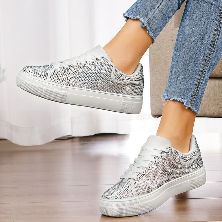 Stepedia Women's Rhinestone Lace Up Walking Shoes Sparkly Glitter
