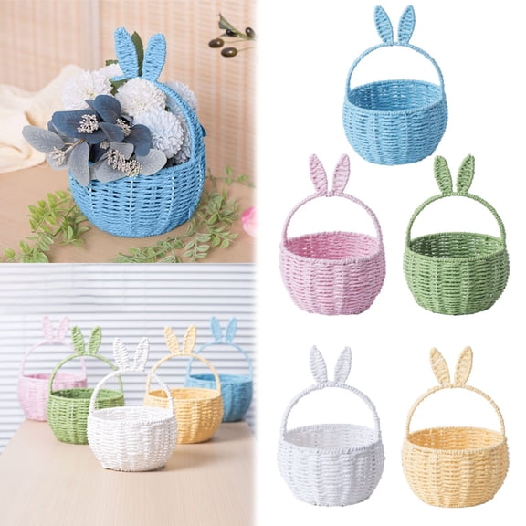Ympkerial Handmade Easter Basket with Bunny Ears and Handle, Woven Rattan Straw Wicker Candy and Egg Storage Basket for Easter Egg Hunts, Picnics, and Gift Giving, Large Size