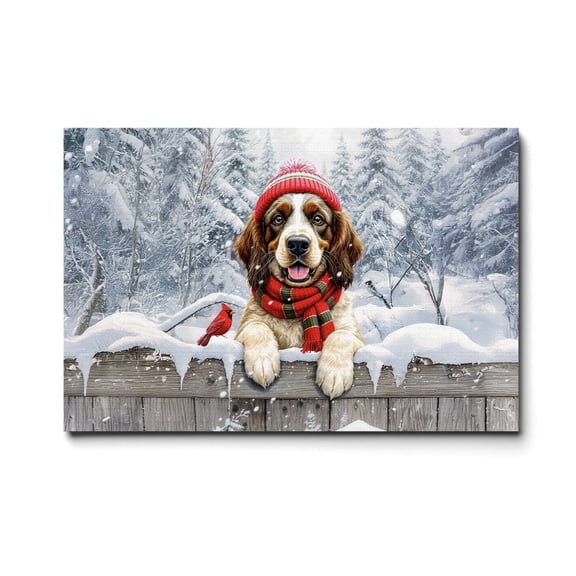 Playful Portuguese Water Dog Welcomes Winter Snowy Day with Cardinal Bird Horizontal Matte Canvas Poster PWD Portie Fishing Dog Lover Wall Art Home Decor - 2017
