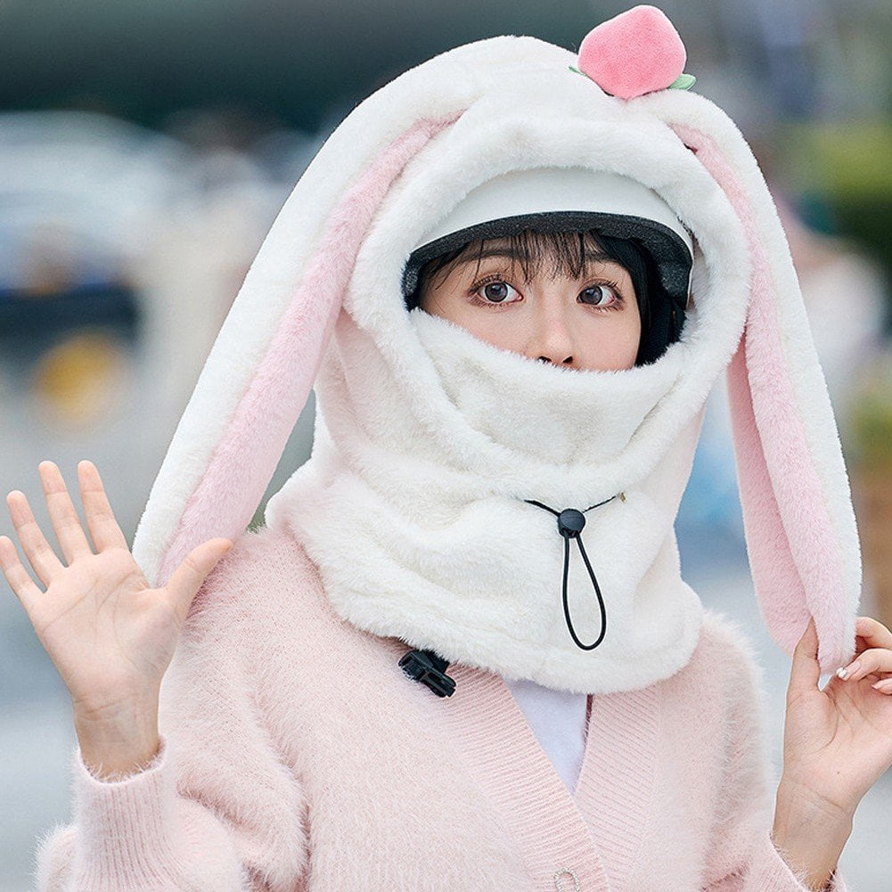 Jiibva Ski Helmet Cover,Cute Bunny Hood Ski Mask for Women and Men,Winter Warm Outdoor Hooded Sports Windproof Mask for Neck,Face