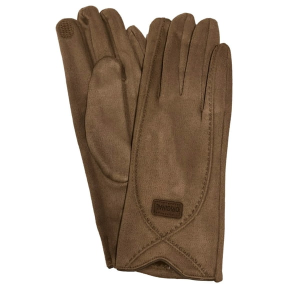 Womens Khaki Brown Stitch Suede-Like Stretch Fit Text & Tech Touchscreen Gloves