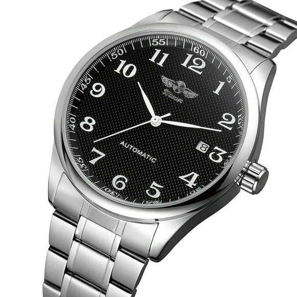 WINNER WINNER 458 Montre Mécanique Semi-Automatique pour Homme avec Affichage de la Date, Bracelet en Acier Inoxydable, Argent-Noir, Style Mode Décontracté (Comprend la Boîte d'Origine)