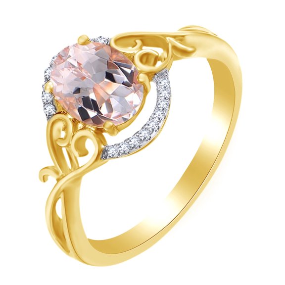 AFFY 1 Ct Simulated Morganite & White Natural Diamond Vintage Engagement Wedding Ring in Yellow Gold Ring Size - 11