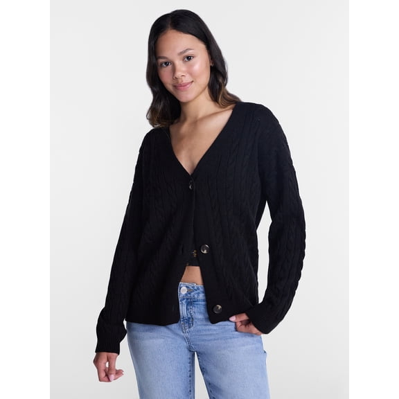 No Boundaries Cable Knit Grandpa Cardigan, Women's and Women's Plus XXS-4X