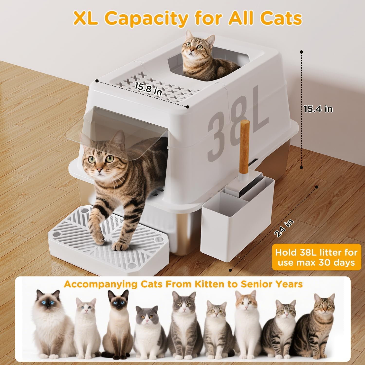 Stainless Steel Litter Box with Lid, XL Closed Metal Litter Box Modular Design with Flip Lid Fits All Cats, Extra Large Covered High Sided Cat Box, Scoop, Non-Sticky, Easy Cleaning (White)