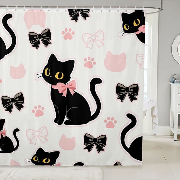 Manfei Kawaii Black Cat Shower Curtain 72Wx72L, Bow Paw Bathroom Curtain, White Pink