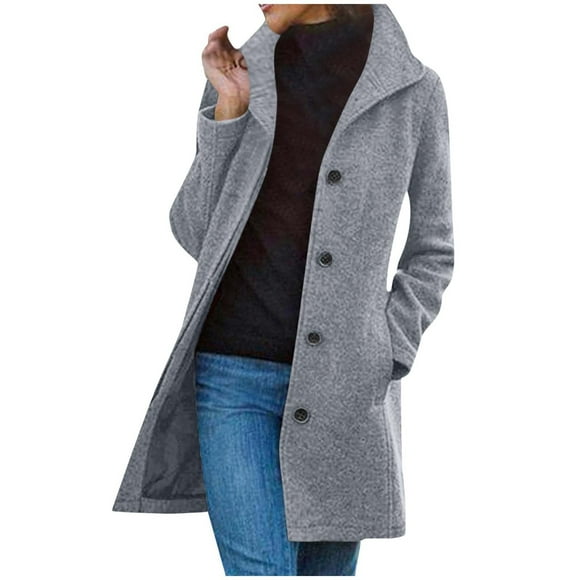 aohooy Womens Peacoat Jacket Winter Long Pea Coats Wool Blend Stand Collar Single Breasted Jackets Casual Peacoat Overcoats Gray,L