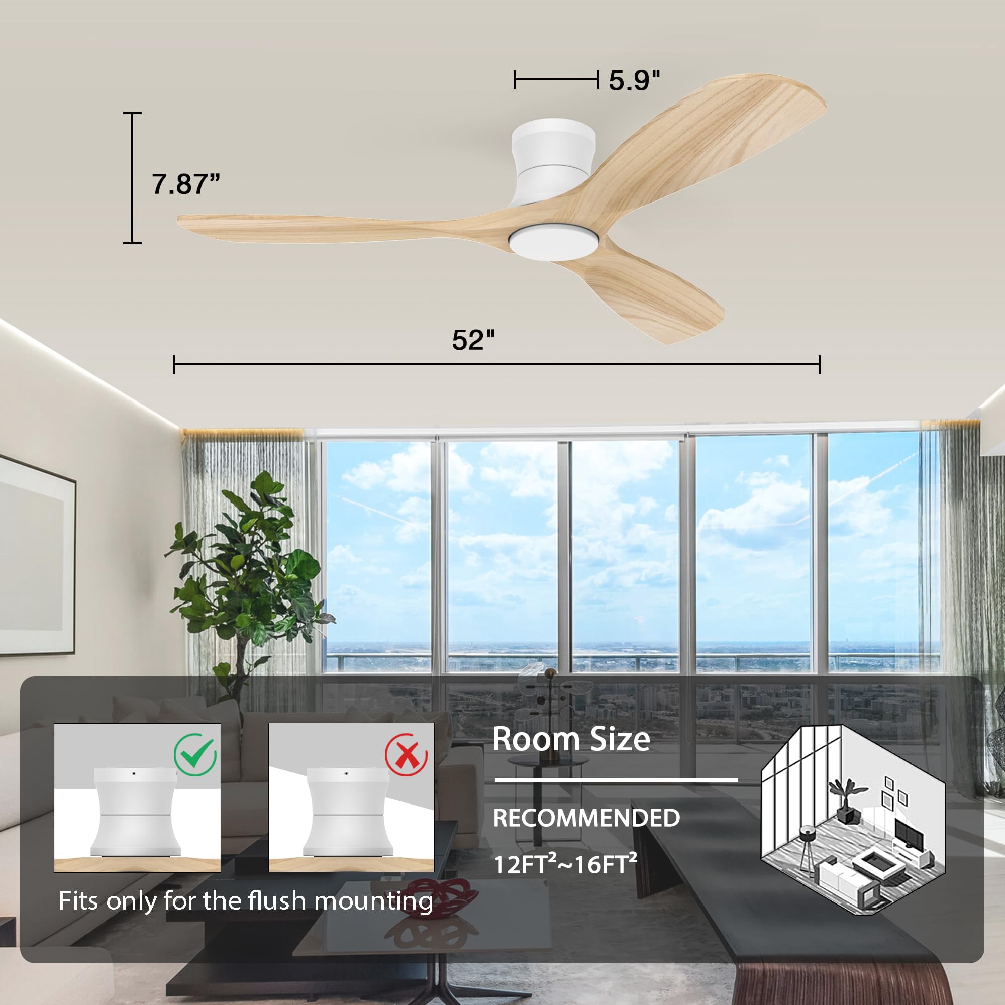 Smart 52" Wood Flush Mount Ceiling Fans with Lights and Remote,Quiet DC Motor,Outdoor Indoor Ultra Low Profile Ceiling Fan works with Alexa WIFI APP,Modern White Ceiling Fan for Bedroom Patio