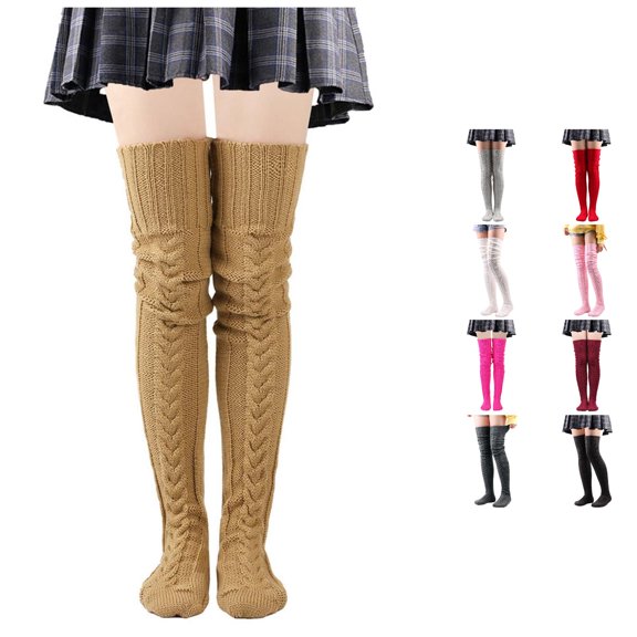 Xijirk Solid Cable Knit Thigh High Socks Stretchy Warm Over Knee Fashion Socks Size:A