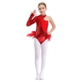 thumbnail image 2 of TTAO Robe Justaucorps à Sequins et Plumes pour Filles, une Épaule, Manches Longues, Rouge 10, 2 of 8