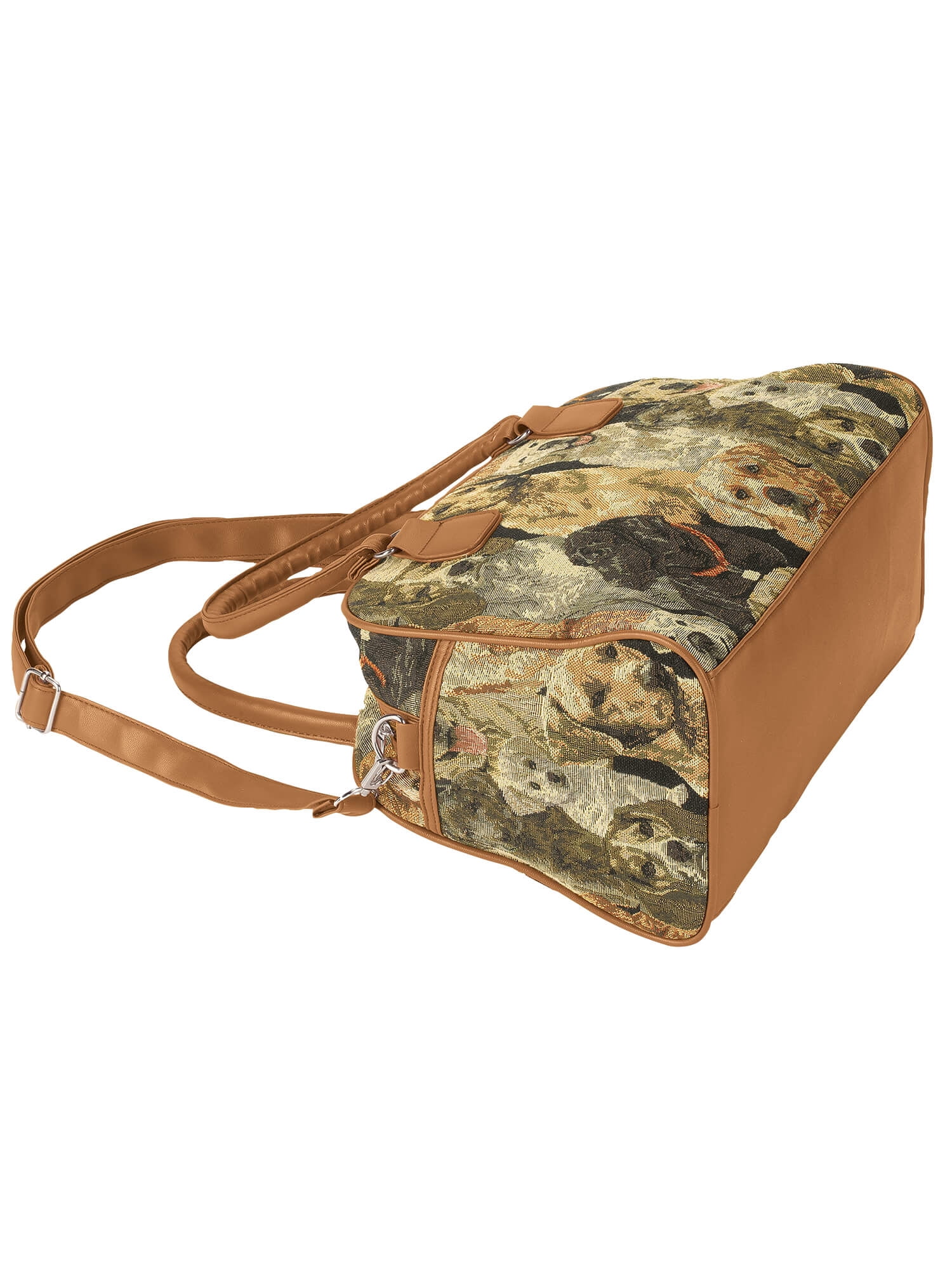 Animal Tapestry Barrel Handbag, Adjustable Straps, Zip Pocket and 2 Side Pockets, Silvetone Hardware - Measures 11" Wide x 8 3/4" High with 5 1/4" Gusset, Dog Design