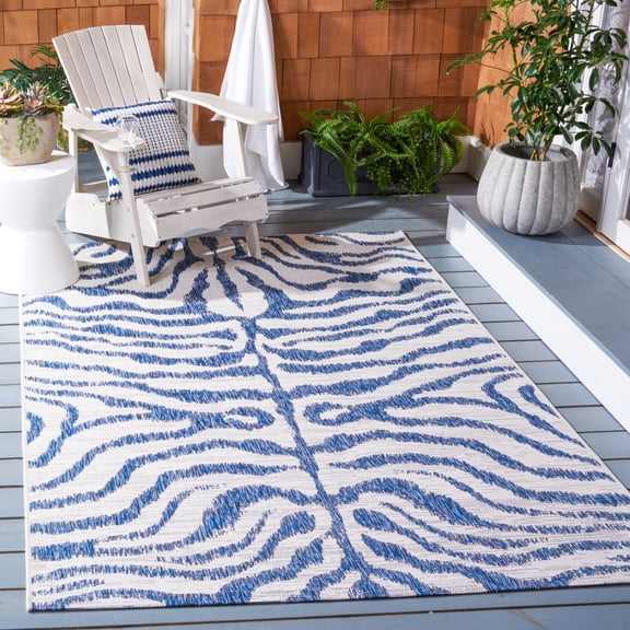 SAFAVIEH Courtyard Gerald Animal Indoor/Outdoor Area Rug, Ivory/Navy, 4' x 5'7"