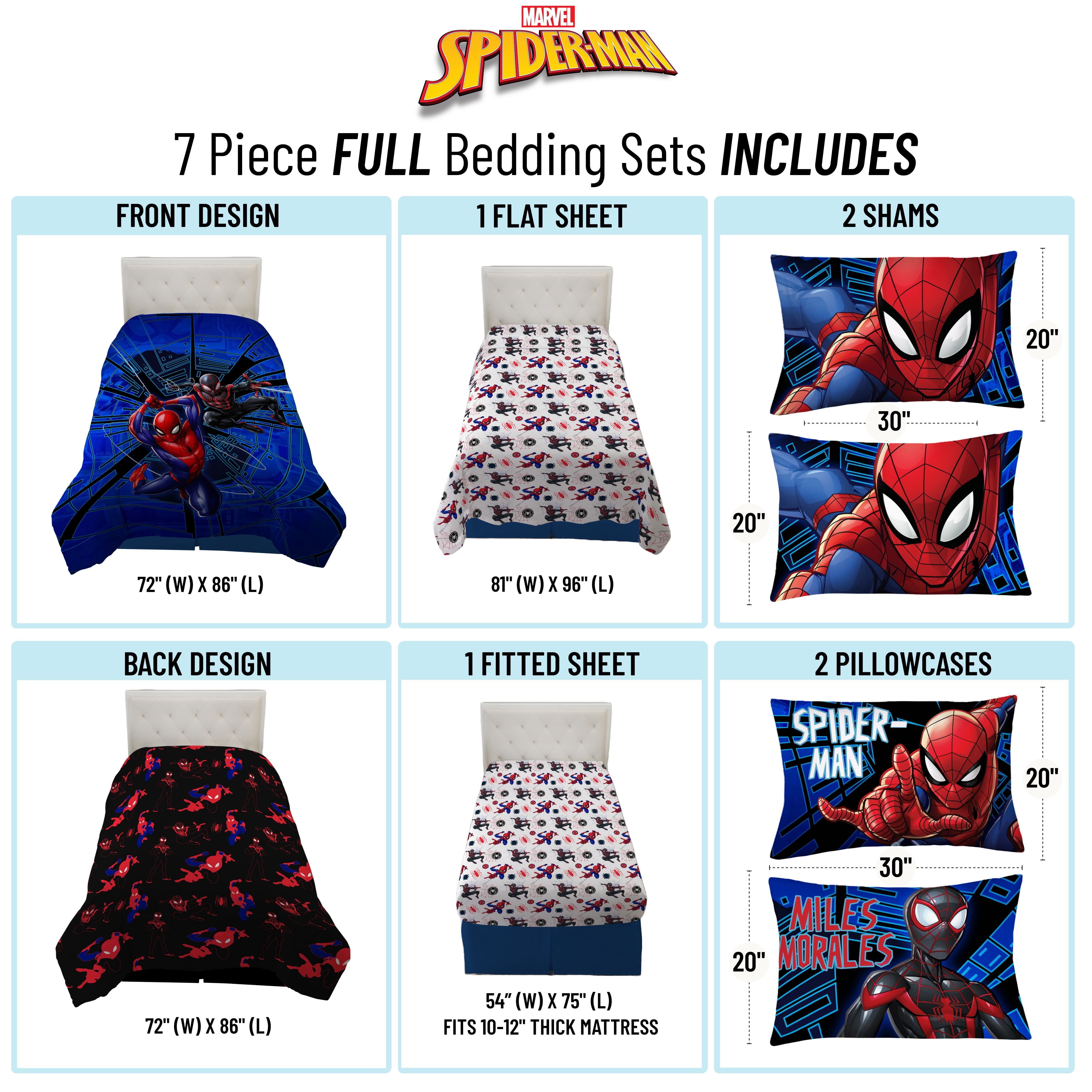 Marvel Spiderman Blue 7 Piece Full Bed Set w/ Sham, 100% Microfiber