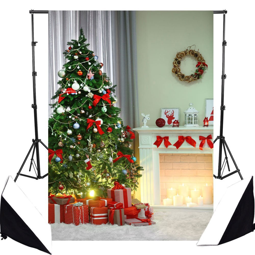 10x10ft Christmas Snow Backdrop Winter Outdoor Snowscape Retro Sleigh Decorated Xmas Tree Presents Snow-coverd Landscape Background for Photography Photo Studio Props