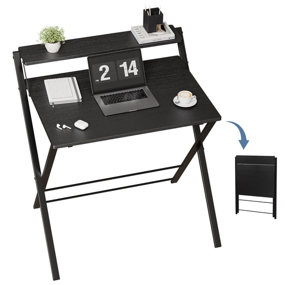CONCETTA Folding Desk No Assembly Needed, 2-Tier Space Saving Laptop Desk with Shelf, Compact Computer Table for Apartment Dorm Home Office, Black