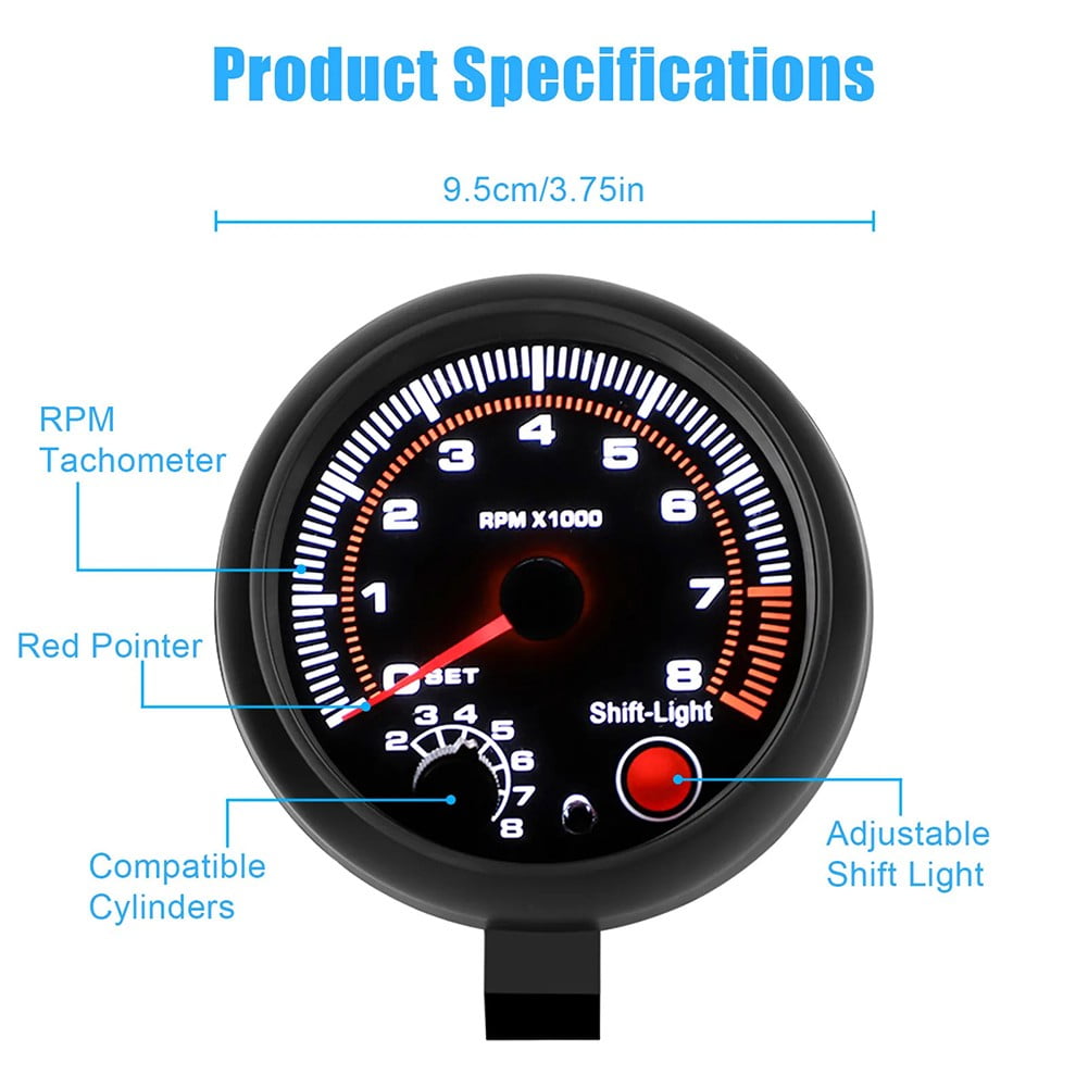 BAGUER 3.75" 12V Car Tachometer Gauge Meter with LED Shift Light 0-8000 RPM
