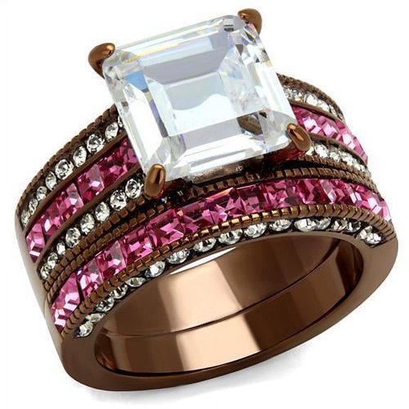 IP Coffee light Stainless Steel Ring with AAA Grade CZ in Clear for Women Clear Stone Color Style TK2782 Size 10