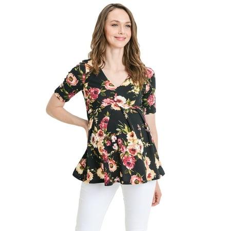 

LaClef Women s Floral and Polka Dot Pleated Peplum V Neck Maternity Top