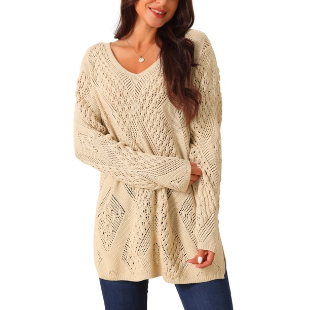 Suéteres de punto hueco de manga larga con cuello en V para mujer, suelto y casual, color caqui, talla M