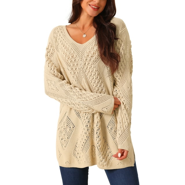 Suéteres de punto hueco de manga larga con cuello en V para mujer, suelto y casual, color caqui, talla S