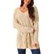 thumbnail image 1 of Suéteres de punto hueco de manga larga con cuello en V para mujer, suelto y casual, color caqui, talla M, 1 of 1