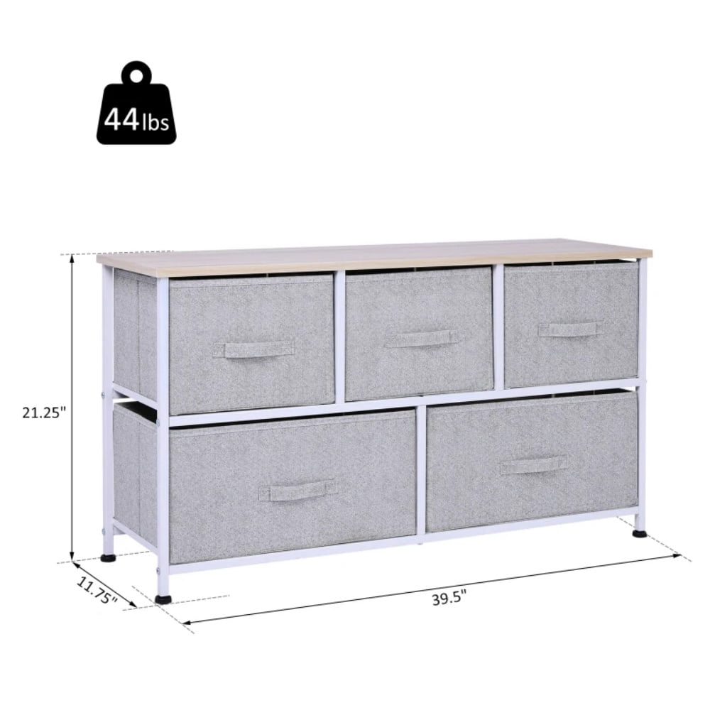5 Drawer Fabric Storage Dresser Grey Non-Woven Drawers White Steel Frame Natural Wood Top Slim Chest Organizer for Bedroom Living Room Entryway