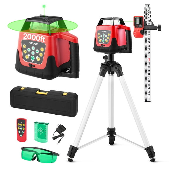 VEVOR Rotary Laser Level Kit, 2000ft 360-Degree Self Leveling Green Horizontal Laser Transit,with Tripod,Receiver,Remote Control,Scale, Toolcase,IP66 Rating Waterproof,0.80in/100ft for Construction
