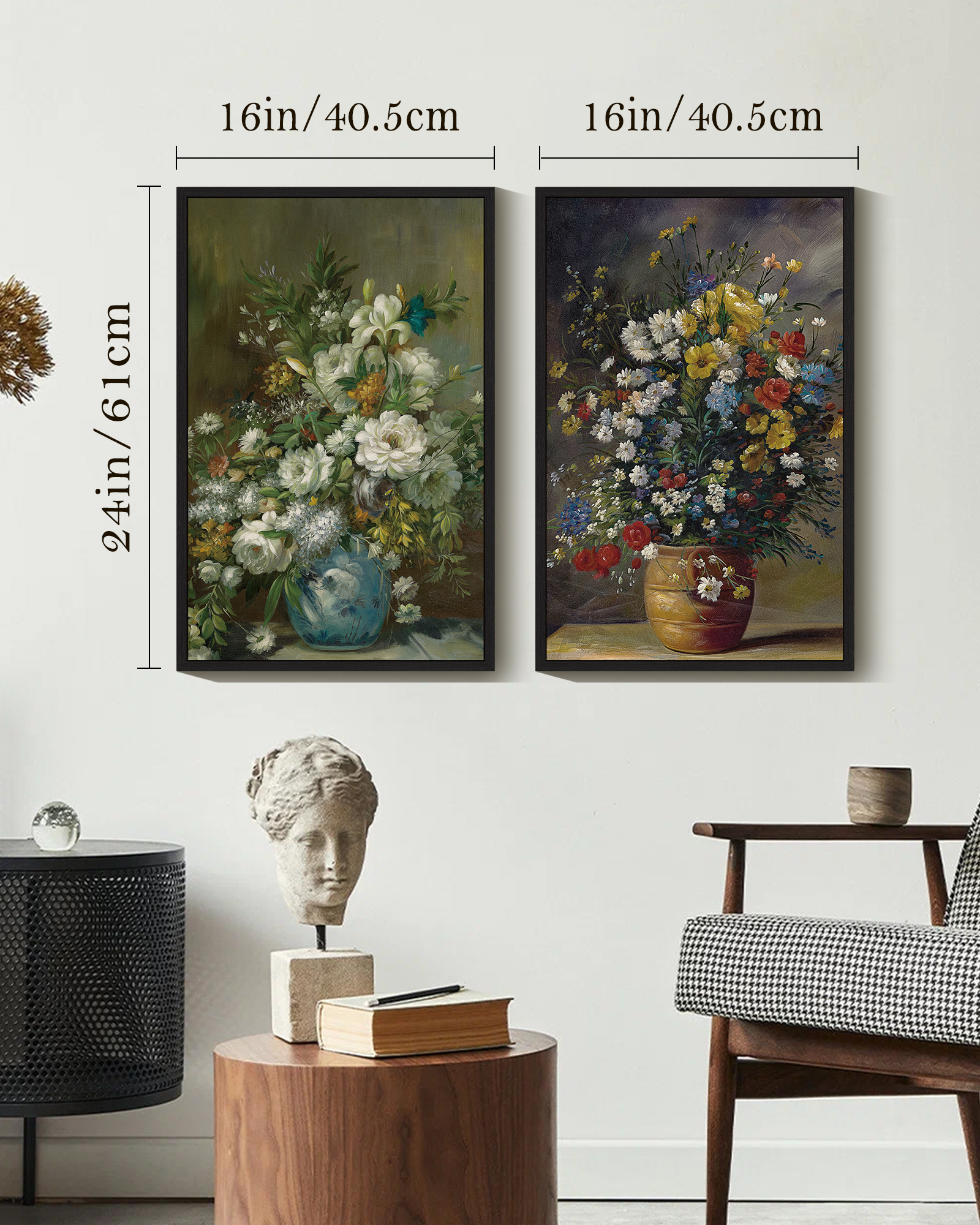 Vintage Flower Framed Wall Art 16x24in2pcs Framed Black Modern Farmhouse Kitchen Bathroom Office Decor Retro Floral Classic Wall Prints