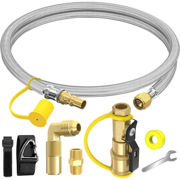 6FT Propane Quick Connect Hose for RV to Gas Grill, RV Quick Connect Propane Hose to RV 1/4" Female Quick Disconnect, with 1/4" Safety Shutoff Valve & Elbow Adapter for Blackstone 17"/22" Griddle