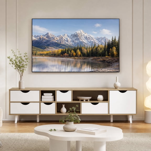 Modern TV Stand for TVs up to 65"Entertainment Center Media Console Table with 5 Drawers & 3 Open Shelves,Oak
