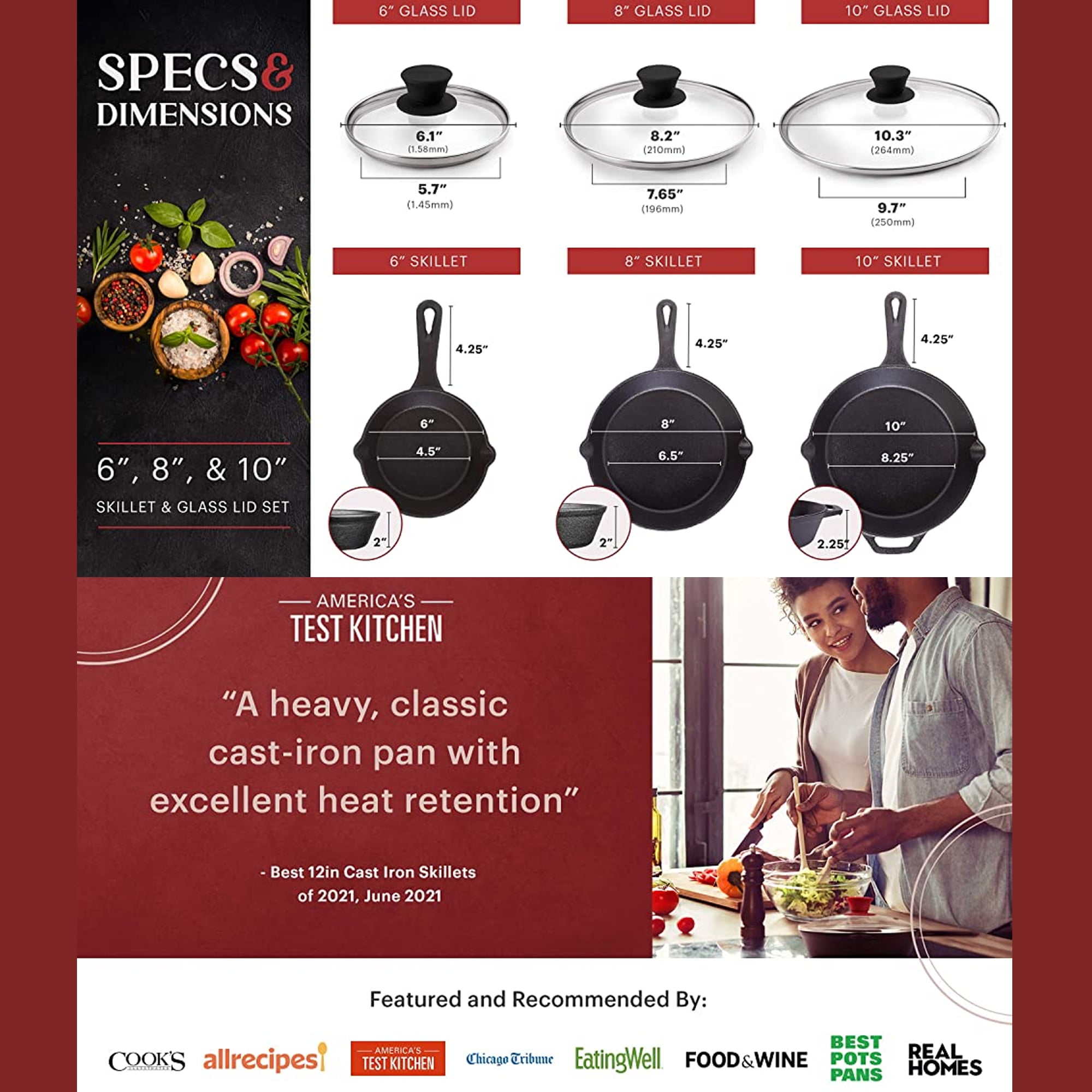 Buy Cuisinel Cast Iron Skillet with Lid Set of 3 Kitchen Cookware Pre