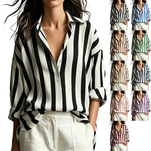 Women's Striped 3/4 Sleeve Button Down Blouse Oversized Loose Fit V Neck Collared Shirts for Business Casual Office Travel 2026 Fashion, Black, L