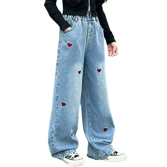 Girl's Heart Embroidered Print Y2k Denim Pants Baggy Jeans High Rise Elastic High Waist Wide Leg Jeans with Pockets Loose Denim Long Pants (12-13 Years, Blue)