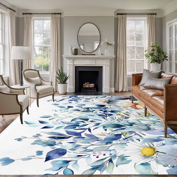 5'x7' Area Rugs for Living Room Bedroom, Teal Blue Eucalyptus Washable Rug Carpet Runner Indoor Outdoor, Spring Farmhouse Floral Leaves Non Slip Floor Mats Area Rug for Kitchen, Nursery