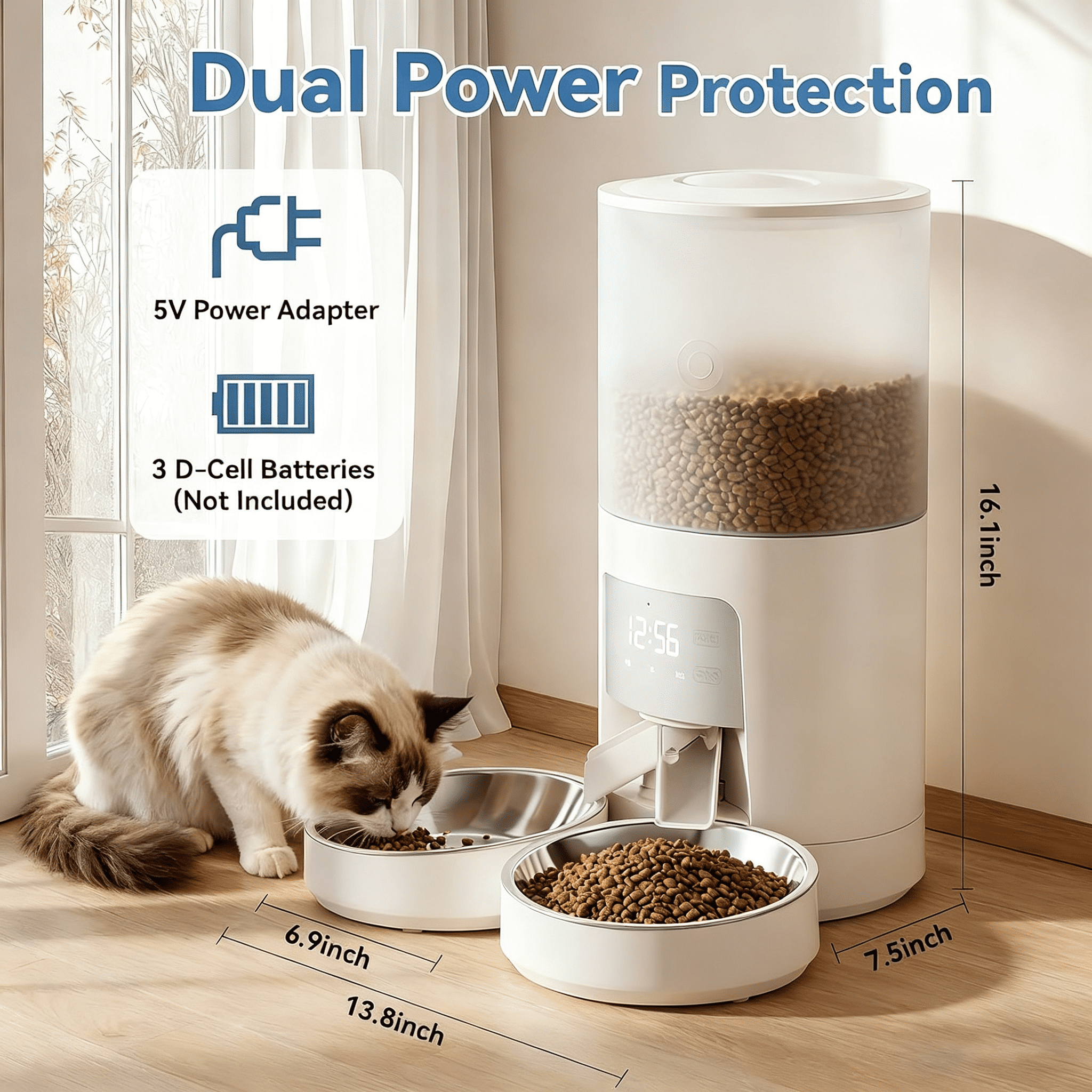 6L Automatic Cat Feeder for 2 Cats, Timed Cat Food Dispenser with 2 Stainless Bowls, 10s Voice Recorder, Dual Power Supply, 6 Meals 50 Portions Per Day, Dual Pet Feeder for Cat and Dog