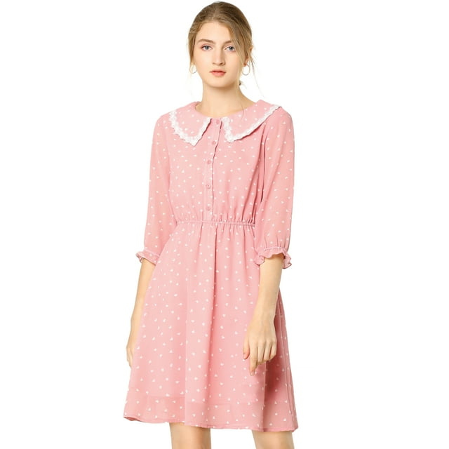 INSPIRE CHIC Women's Stars Dots Print Turn Down Collar Ruffled 3/4 Sleeve Dress