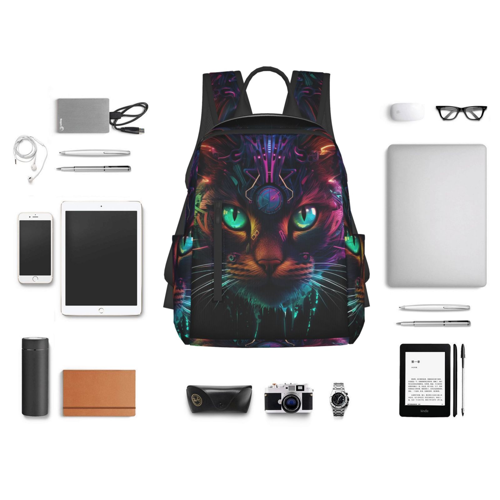 Hirioo Futuristic Cat Warrior for Lightweight Backpack, Durable and Comfortable, Ideal for Travel, School, Hiking, and Everyday Use