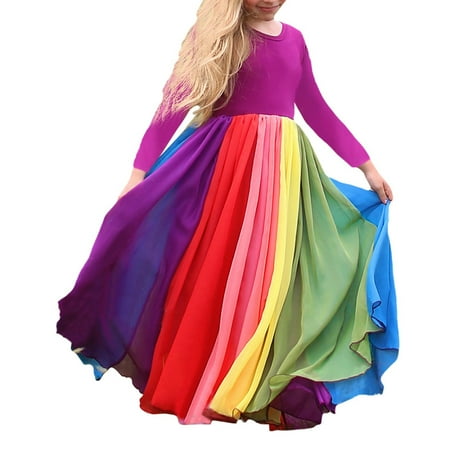 

Girl Casual Dress Long Sleeve Rainbow Party Birthday Tunic Dresses