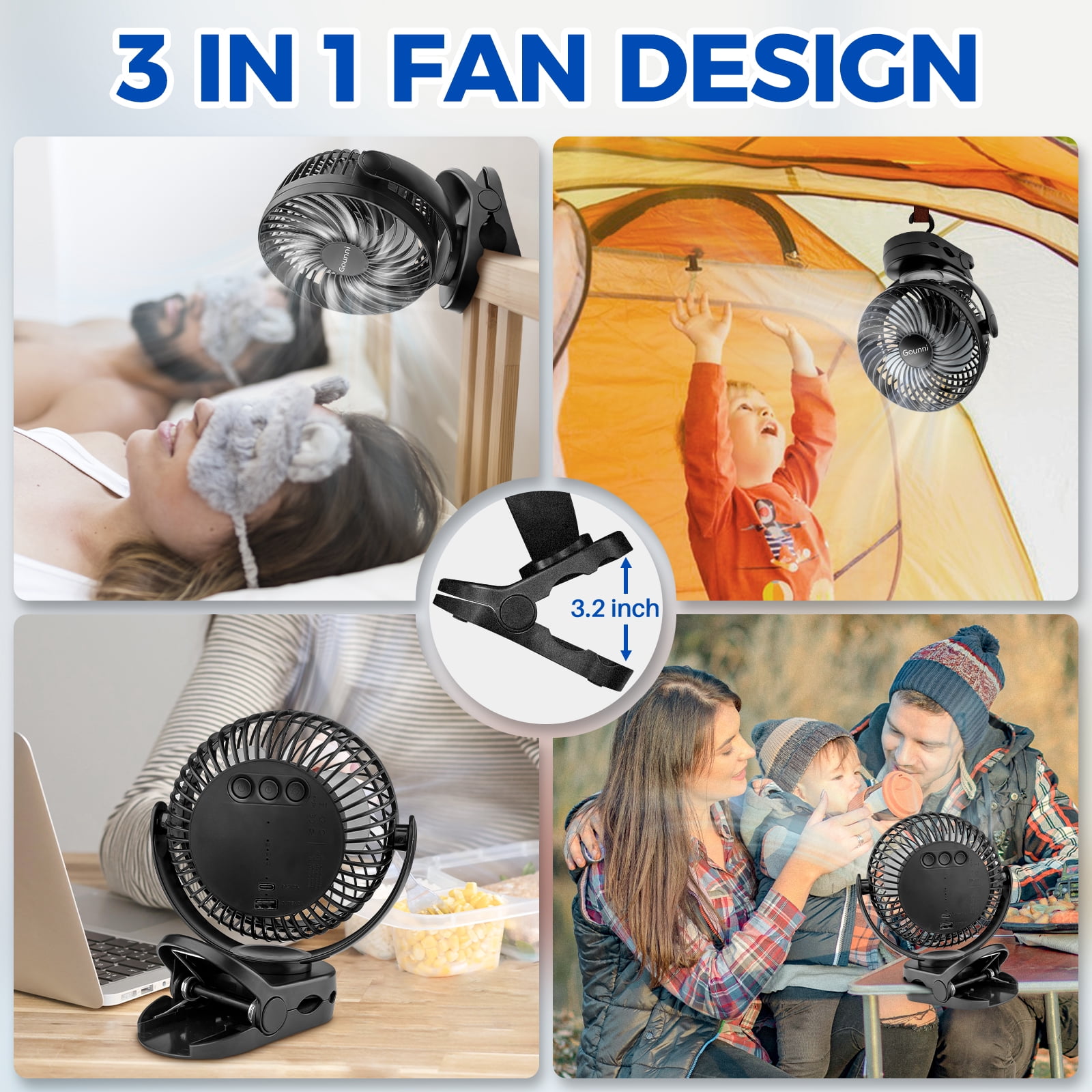 Gounni Clip-on Fan or Desktop Fan 10000mAh Battery 6-inch 3 Speeds