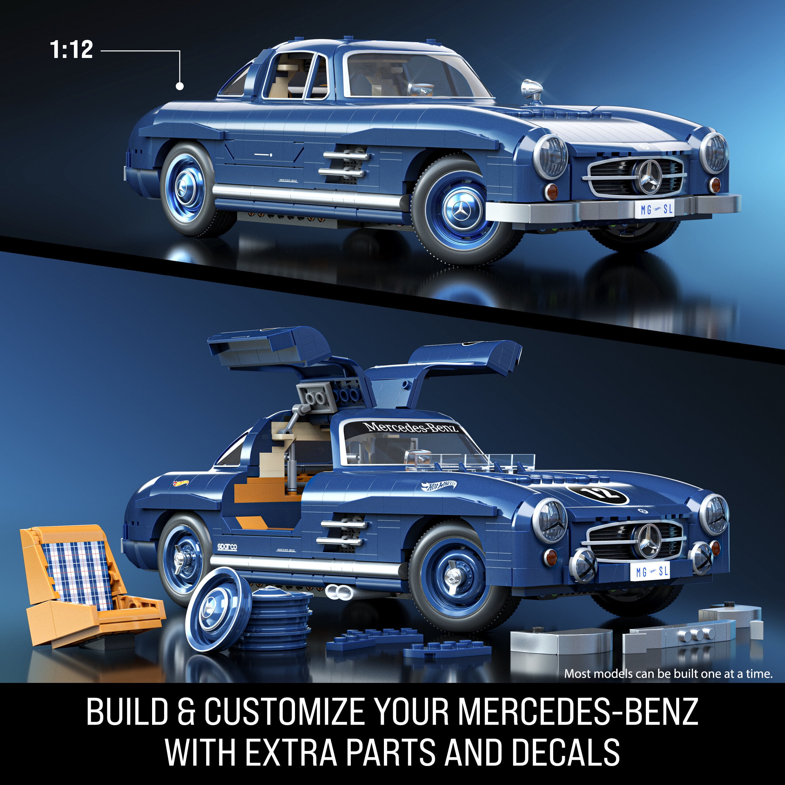 Mattel Brick Shop Hot Wheels Mercedes-Benz 300 SL Building Toy Kit (1600 Pieces), for Collectors