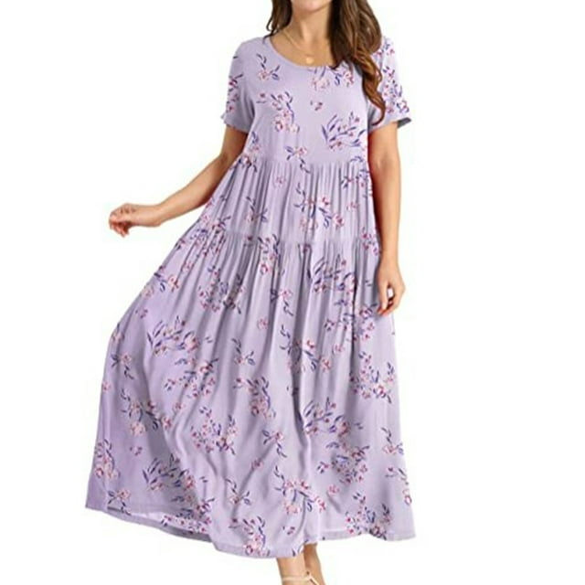 Bellella Robes Maxi pour Femmes Col Rond Longue Robe Imprimé Floral Robe d'Été Aguichant Manches Courtes Image de Vacances Couleur 20 3TG