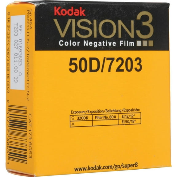 Kodak VISION3 50D/7203 Color Negative Film, SP464 Super 8 Cartridge, 50' Roll