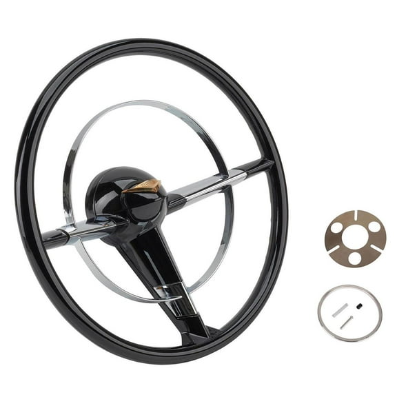 Speedway Motors 15 Inch Steering Wheel and Adapter Plate, Fits 1955-56 Chevy, 3-Spoke Design with Black and Chrome Finish Replaces Original 18 Inch Steering Wheel