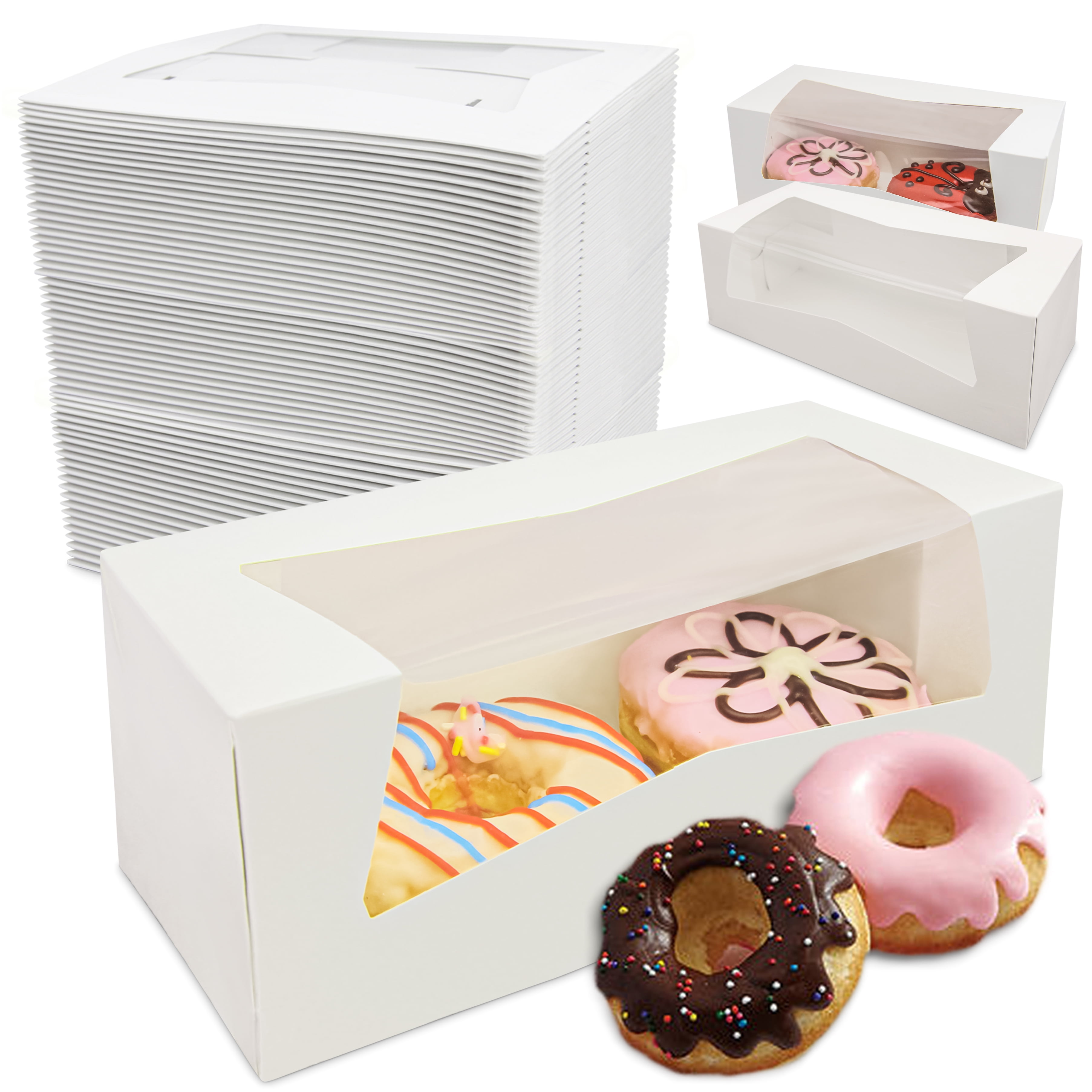 [200 Pack] 9x4x3.5” White Donut / Bakery Box with Window AutoPopup