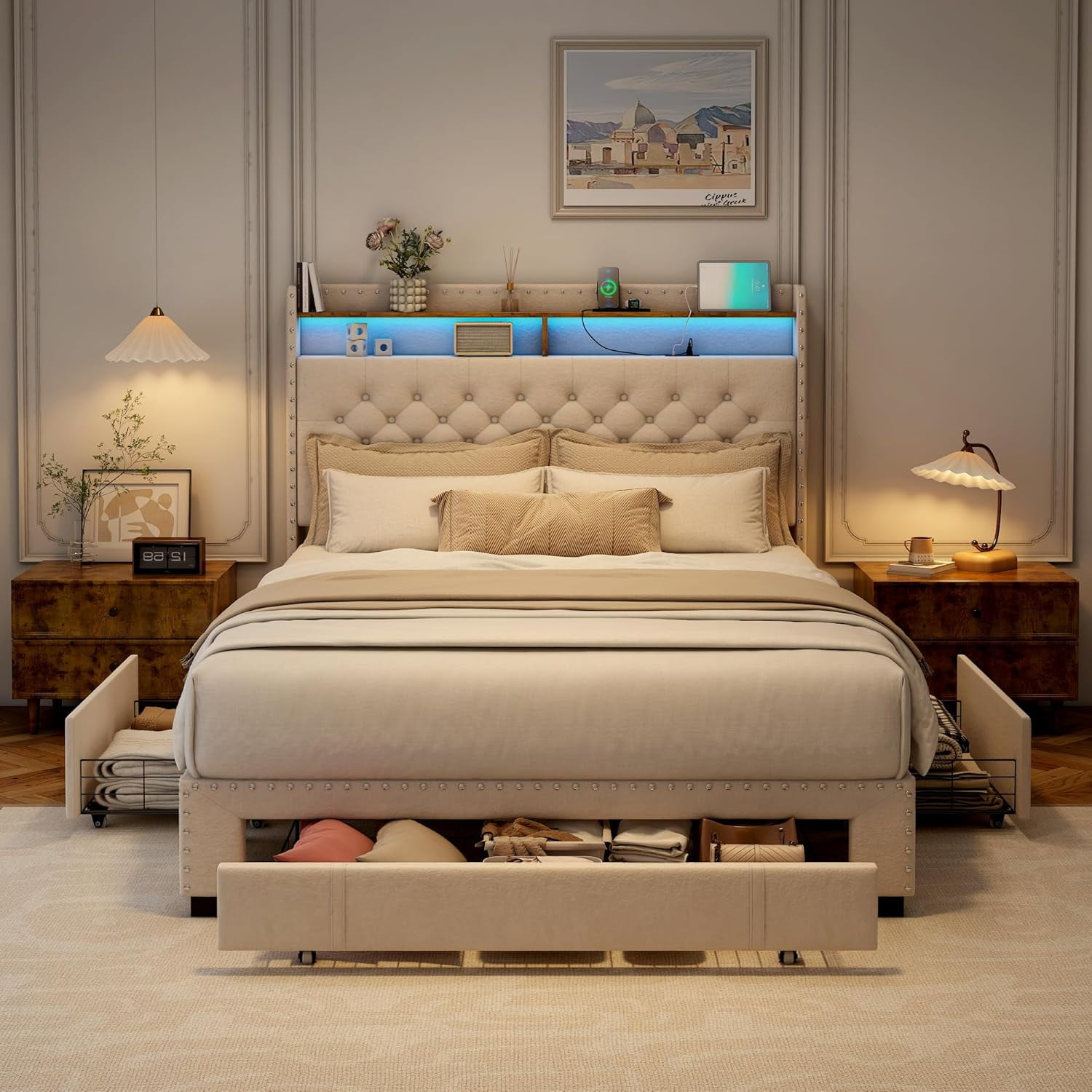 Pipleo Full Size Bed Frame with headboard, Full Bed Frame with 3 Drawers, Velvet Upholstered Platform Bed Frame with Storage, LED Lights and Charging Station