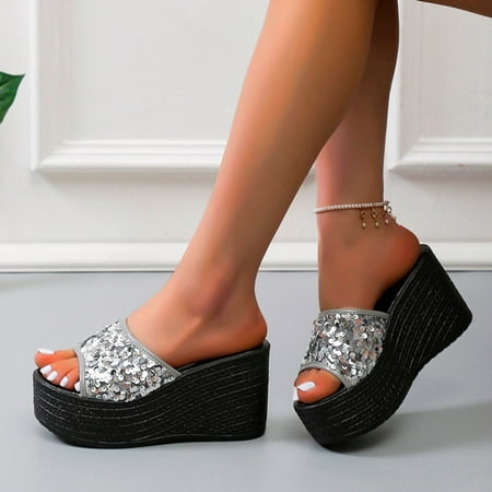 

uikmnh Women Shoes Ladies Shoes Fashion Comfortable Platform Wedge Sandals Rhinestone Sequin Fish Mouth Sandals Grey 8