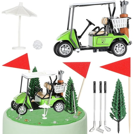 21 Pieces Golf Cake Decorations Golf Cart Cake Toppers the Green Cake Topper Include Cart Clubs Balls Green Trees Sun Red Pennants Umbrellas for Golfers Themed Party Supplies