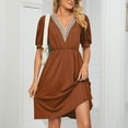 thumbnail image 3 of Bigersell Womens formal Dress Women's Short Sleeve V-Neck Solid Color Pocket Dress Female Maxi Dresses Women Skater Dresses, Style 25896, Brown L, 3 of 7